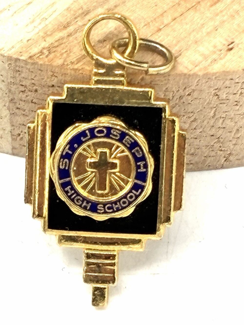 St Joseph High School Charm Pendant Gold Tone Black Blue Enamel Cross Deco